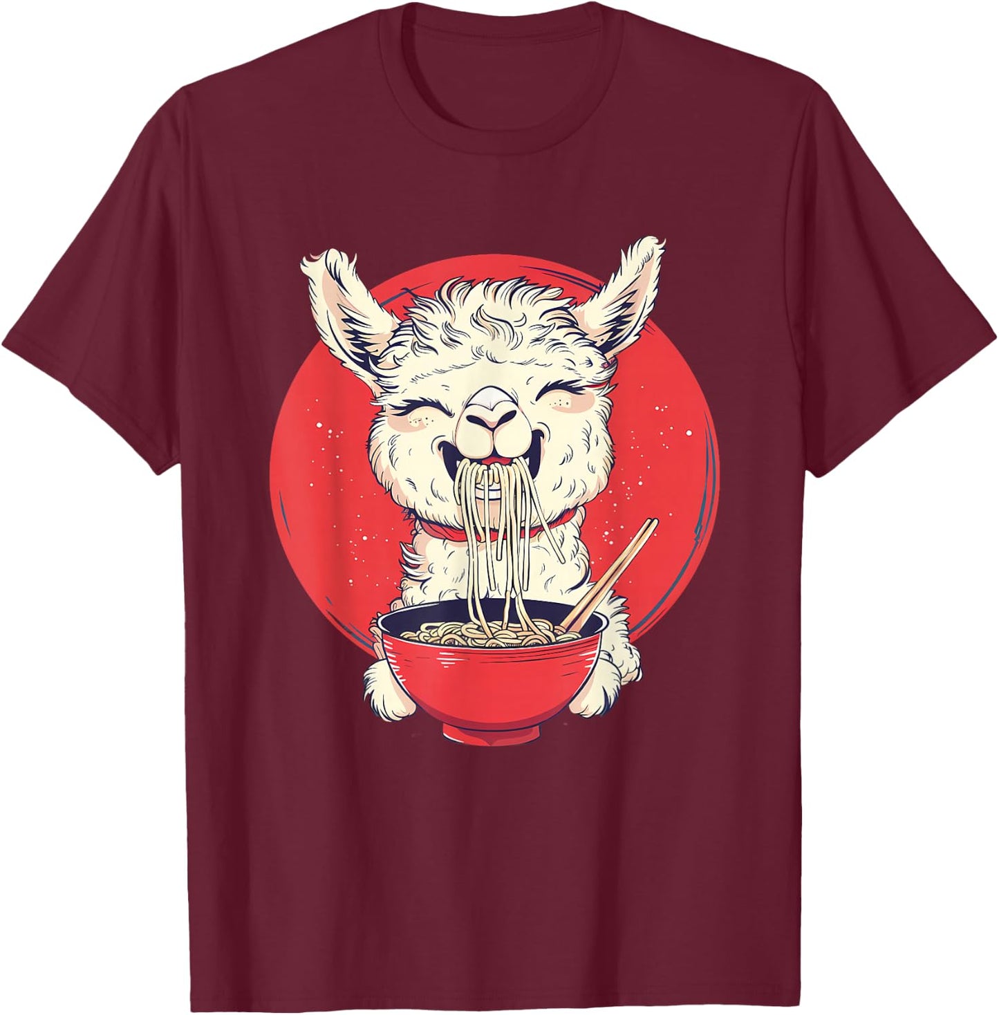Llama Ramen Japanese Noodles Funny Llama Eating Ramen T-Shirt - T-Shirt | Maroon