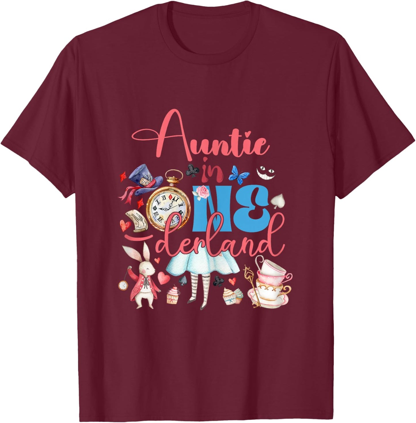 Alice Auntie in ONEderland Birthday Family T-Shirt - T-Shirt | Maroon
