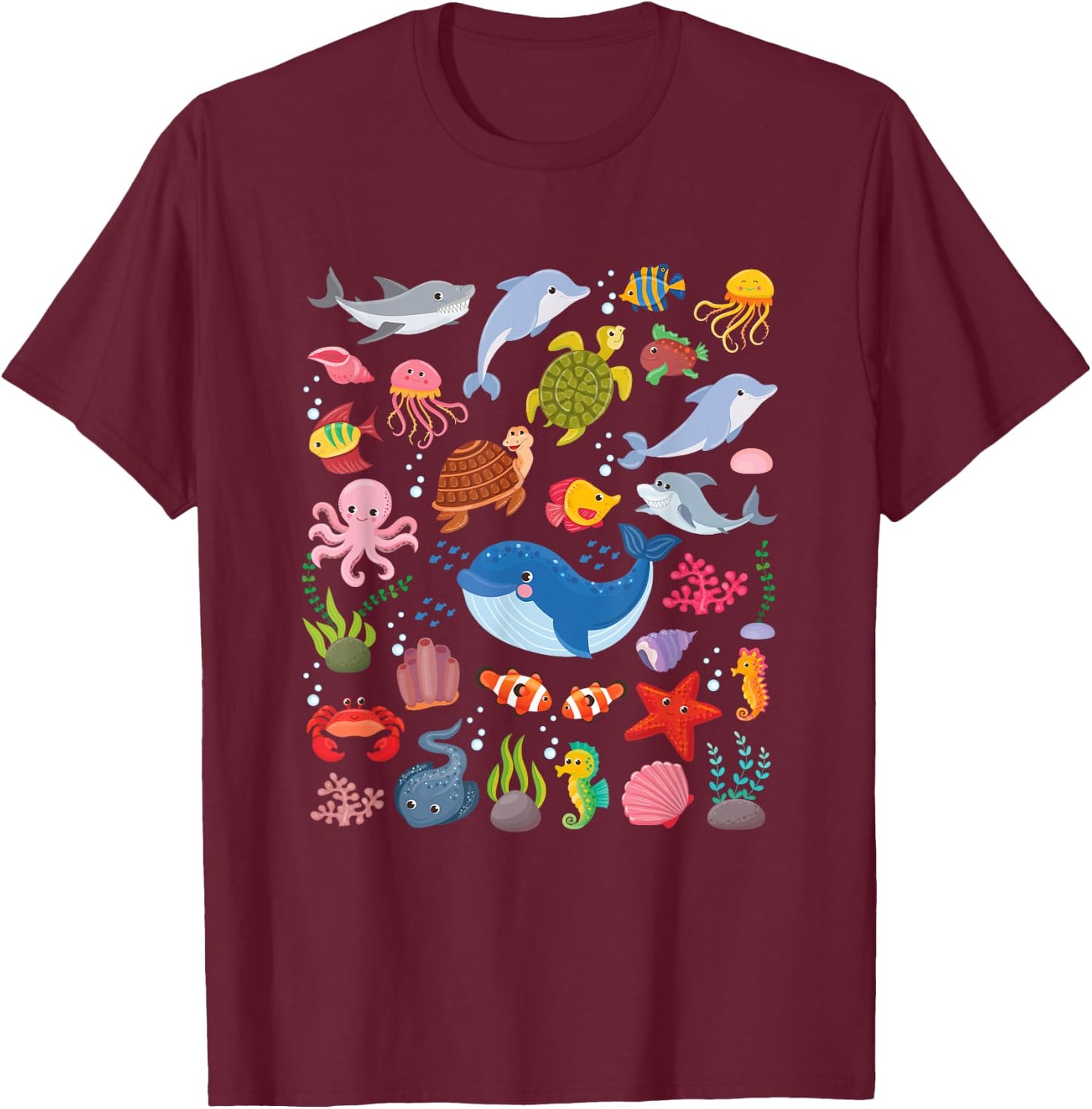 Cute Sea Animals Kids Children Ocean Creatures Clownfish T-Shirt - T-Shirt | Maroon