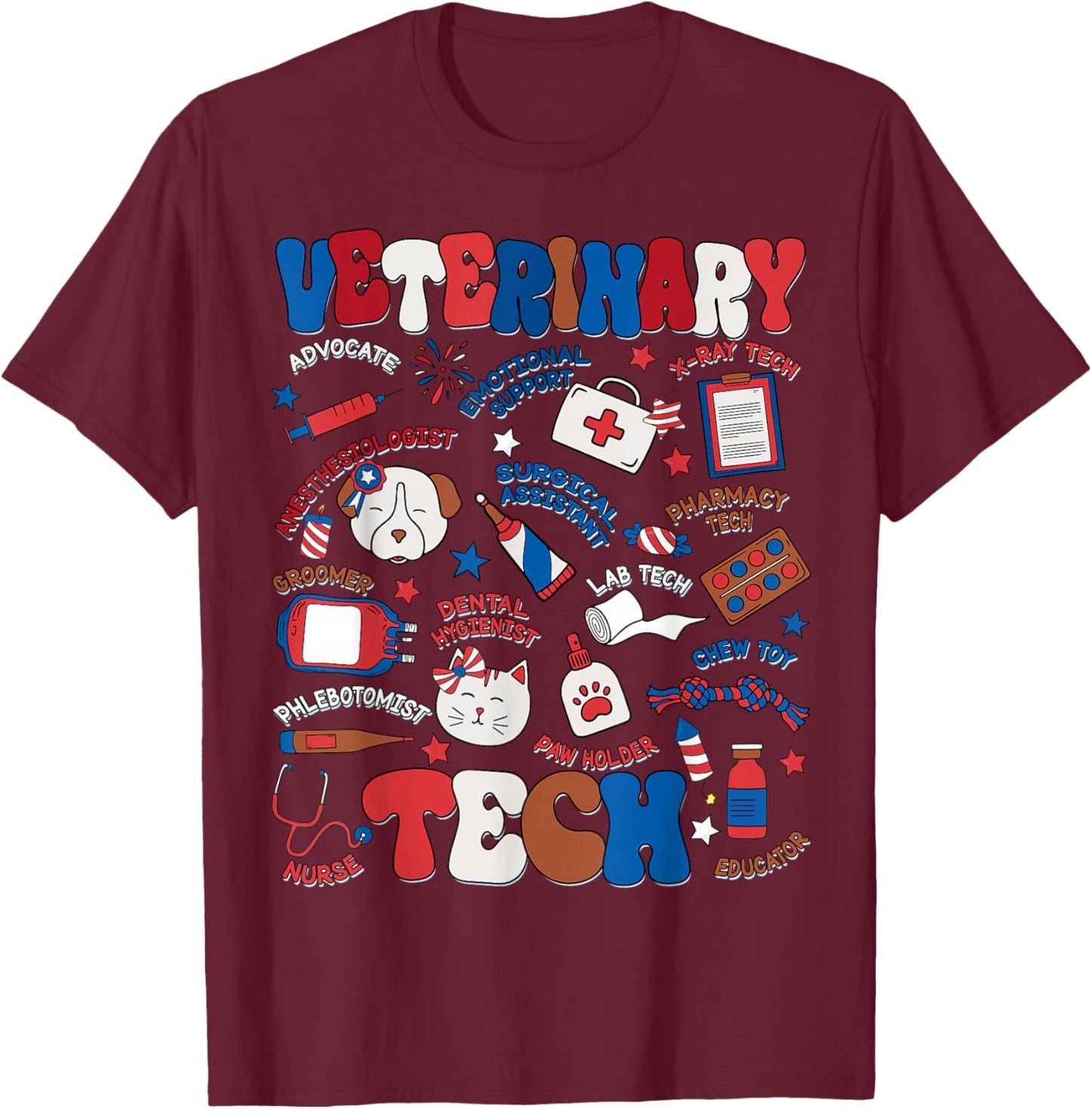 Retro Veterinary Tech Independence Day Patriotic Vet Tech T-Shirt - T-Shirt | Maroon