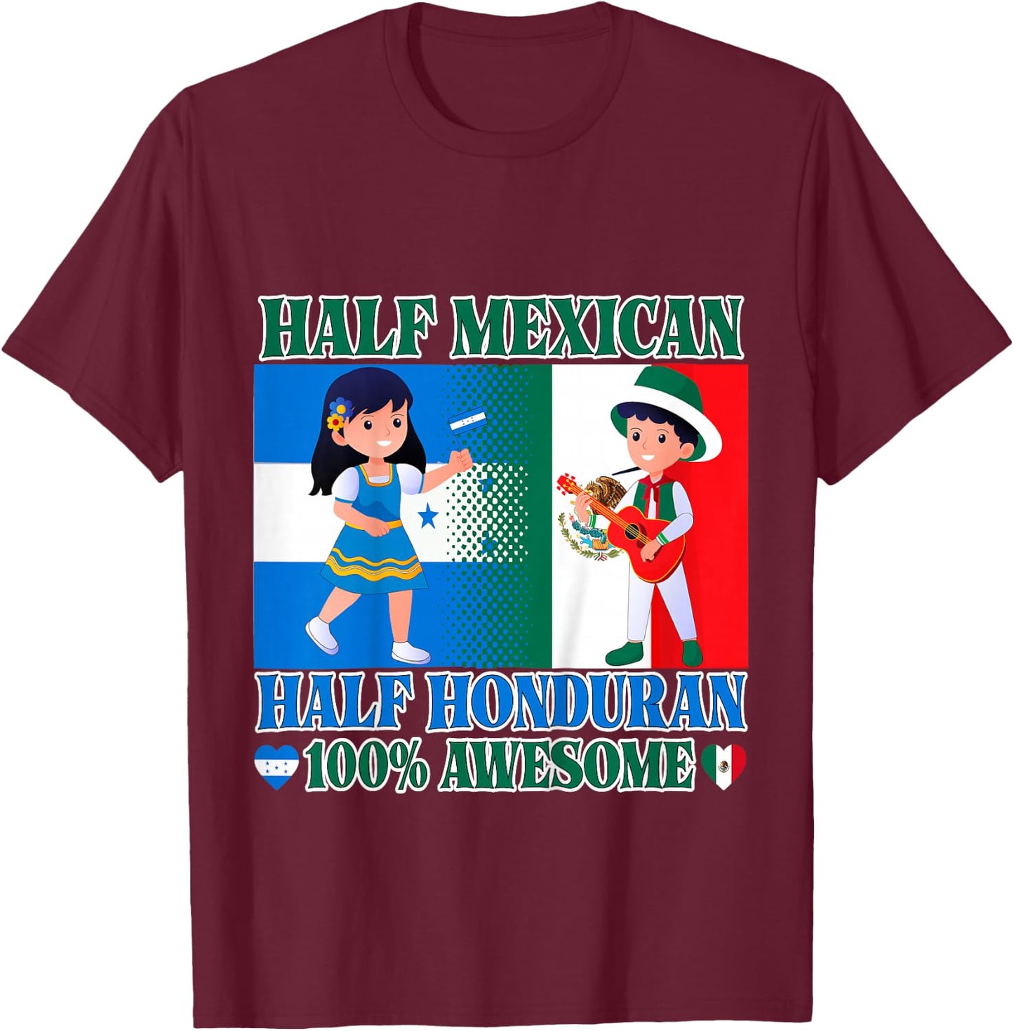 Kids Half Mexican Half Honduran Mexico Flag Root Toddler Girl Boy T-Shirt - T-Shirt | Maroon