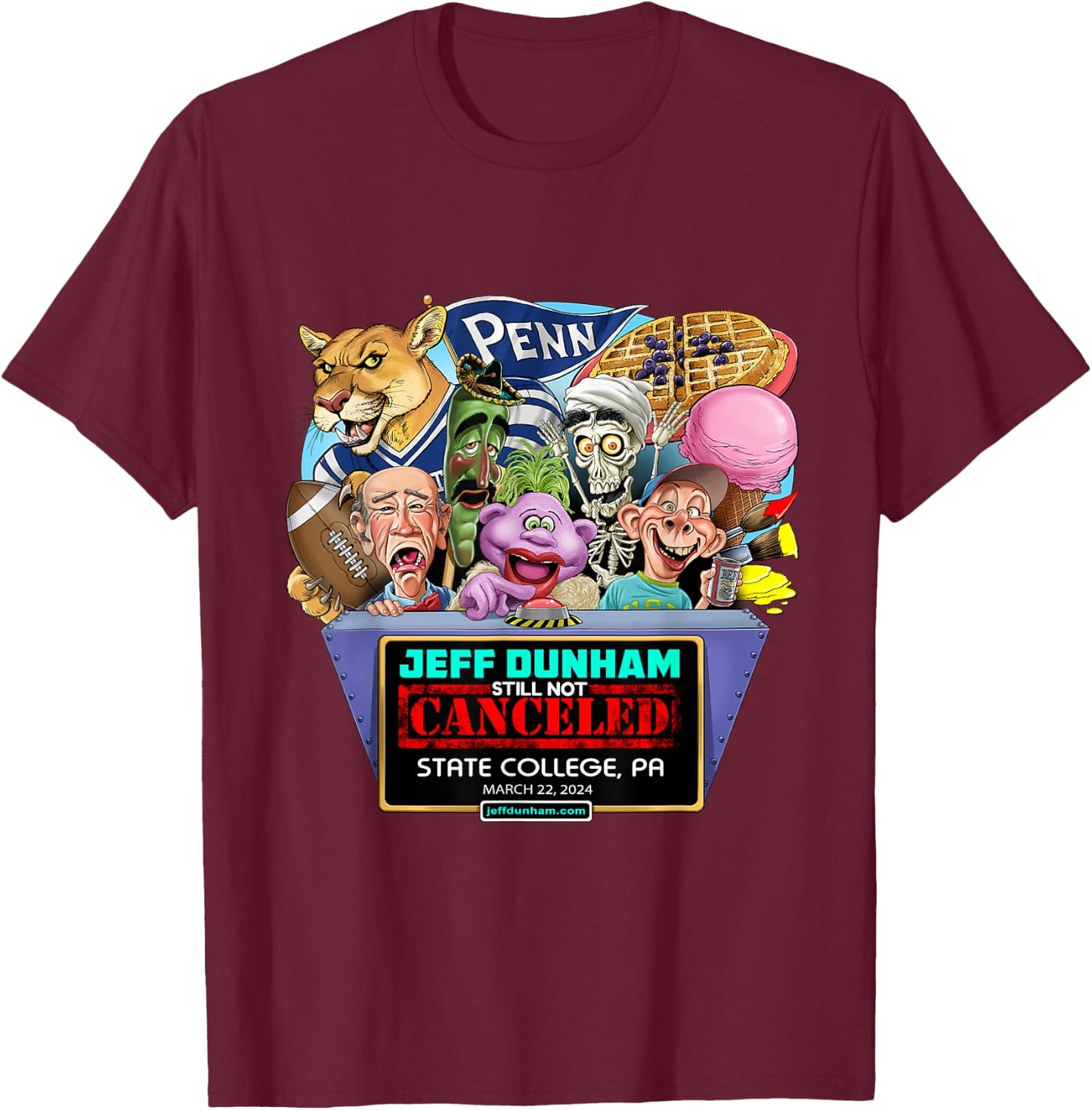 Jeff Dunham State College, PA (2024) T-Shirt - T-Shirt | Maroon