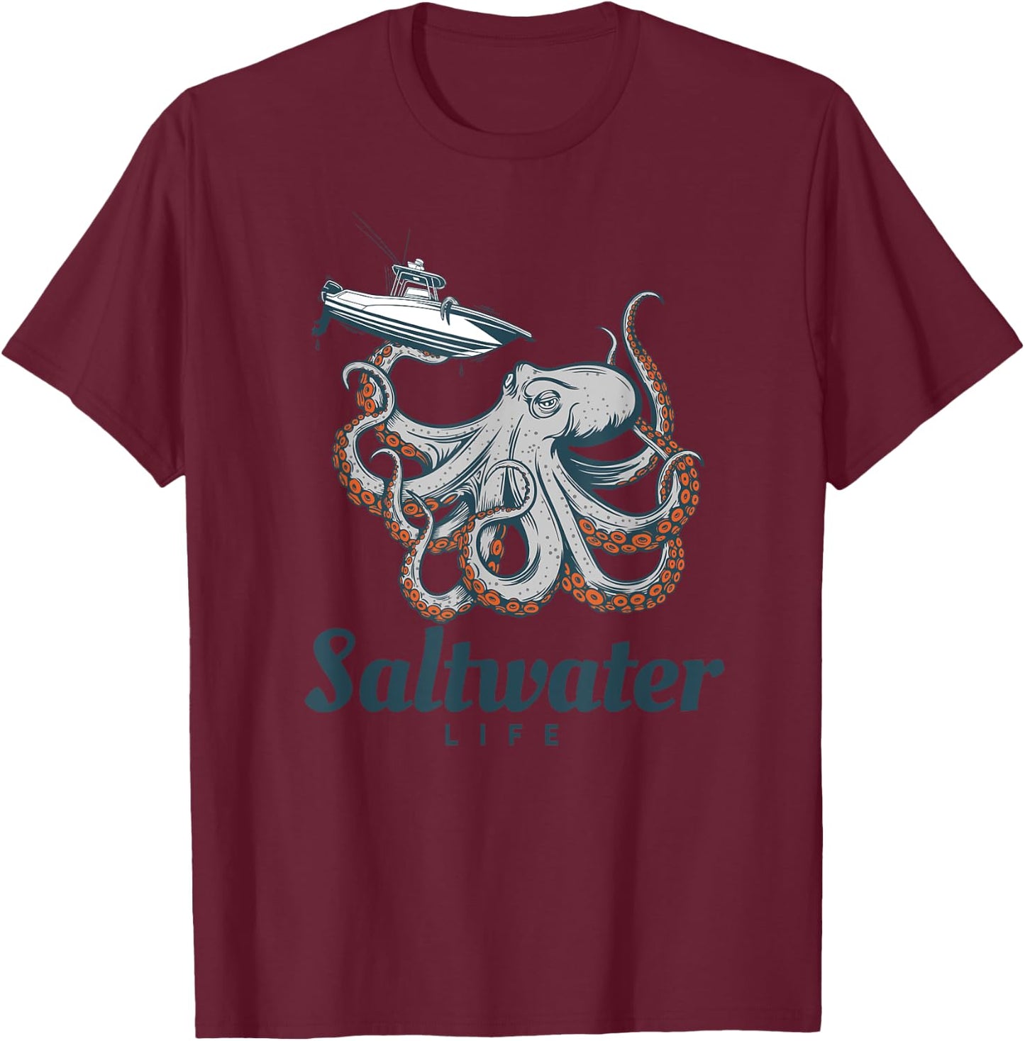 Saltwater Life Saltwater Octopus Holding a Boat T-Shirt - T-Shirt | Maroon