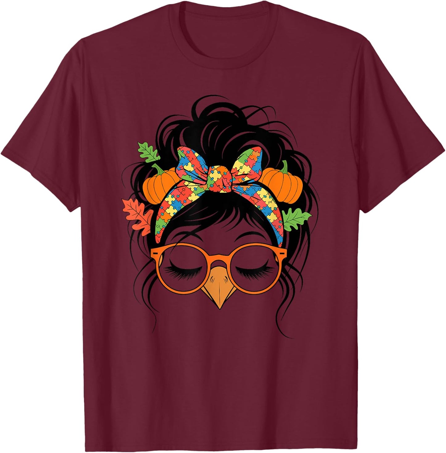 Autism Messy Bun Hair Turkey Fall Thanksgiving Girls T-Shirt - T-Shirt | Maroon