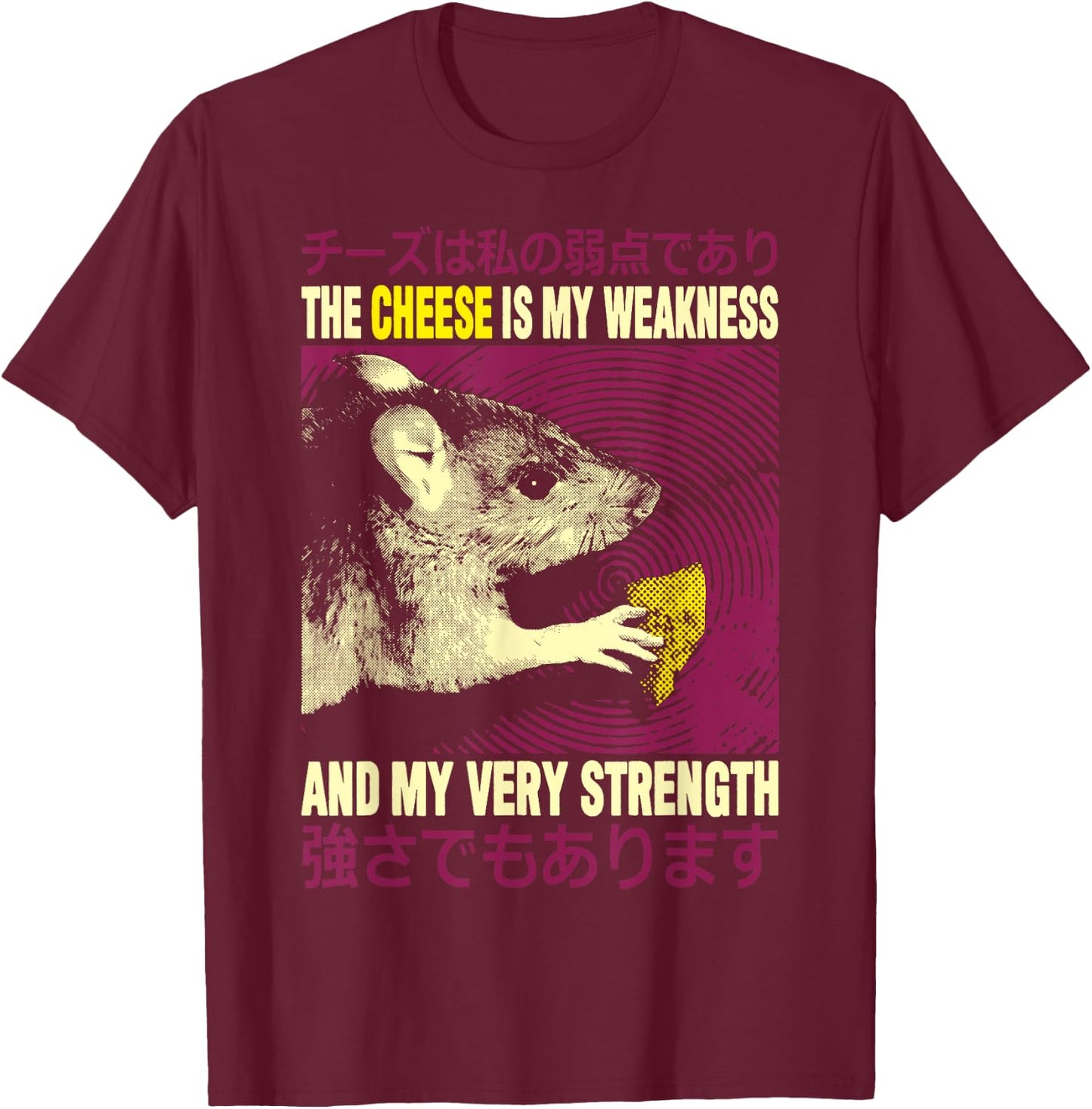 Vintage The Cheese Is My Weakness Japanese Rat T-Shirt - T-Shirt | Maroon