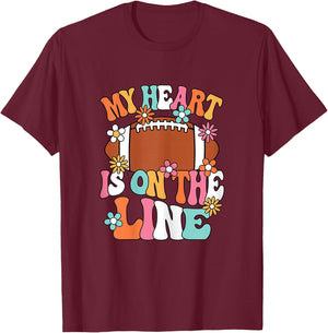 My Heart Is On The Line Groovy Women Football Mom Grandma T-Shirt - T-Shirt | Maroon