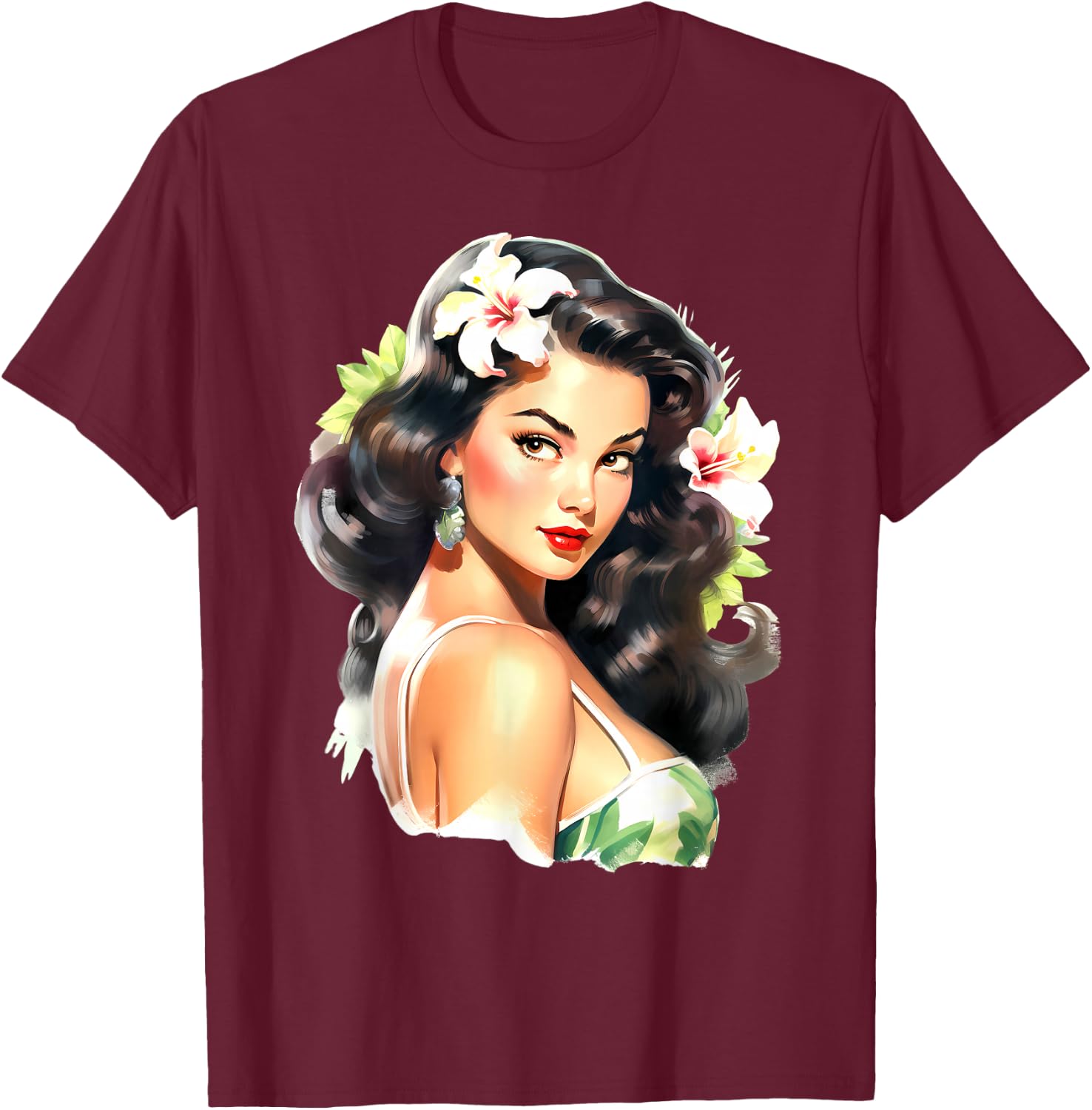 Pretty Hawaiian Pin-Up Girl T-Shirt - T-Shirt | Maroon