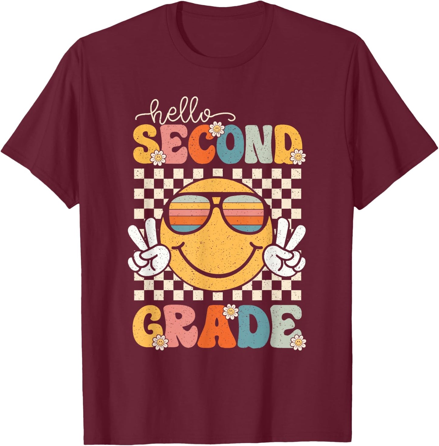 Hello Second Grade Retro 1st Day of School 2nd Grade Team T-Shirt - T-Shirt | Maroon