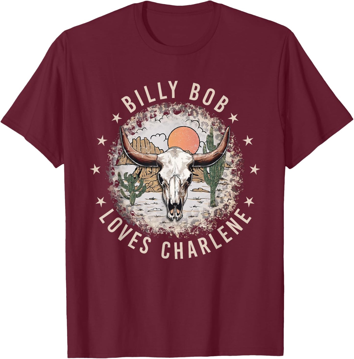 Billy Bob Loves Charlene Retro Cactus Bull-Skull T-Shirt - T-Shirt | Maroon
