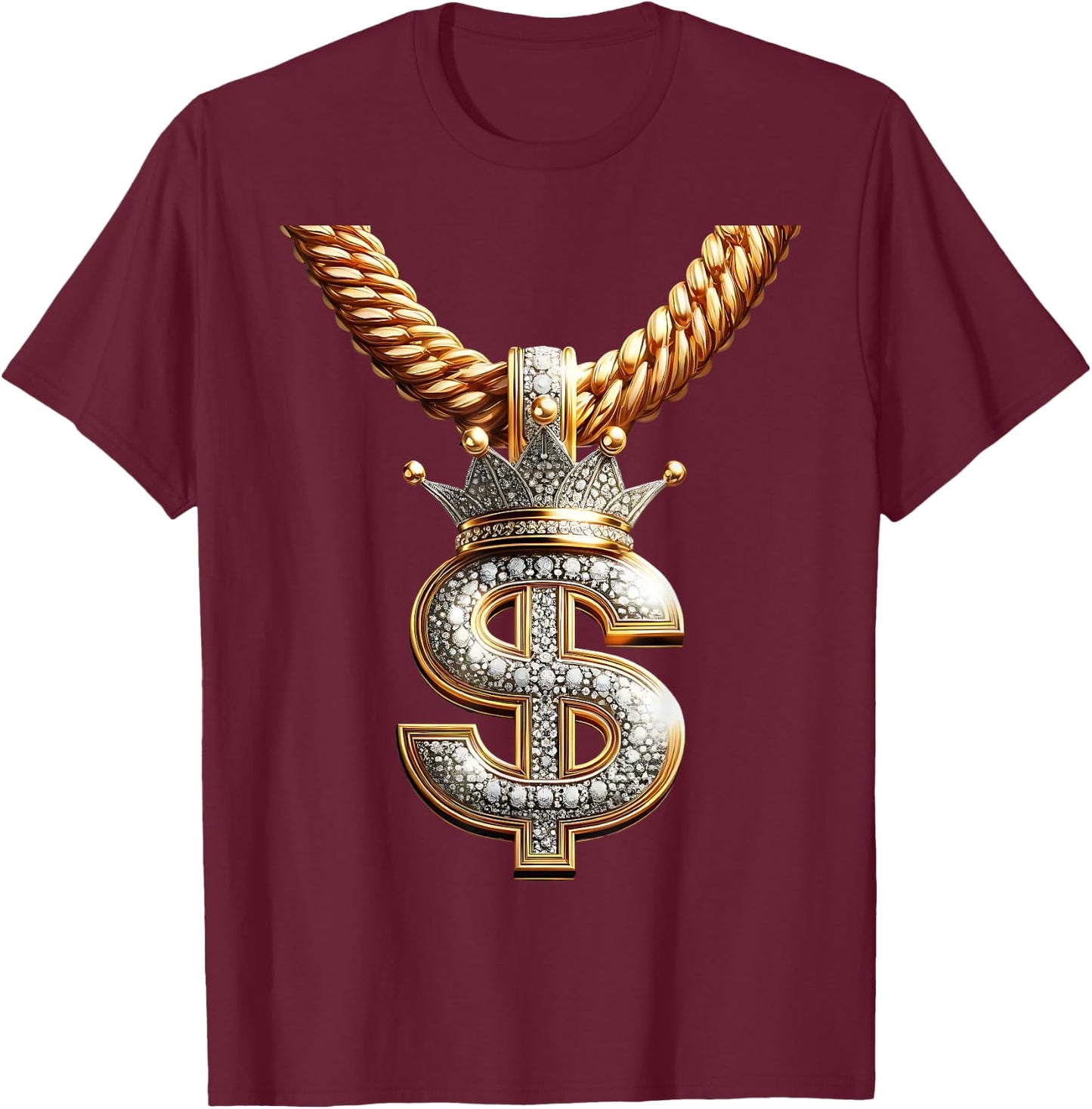 Fancy Gold and Diamond Dollar-Sign Bling T-Shirt - T-Shirt | Maroon