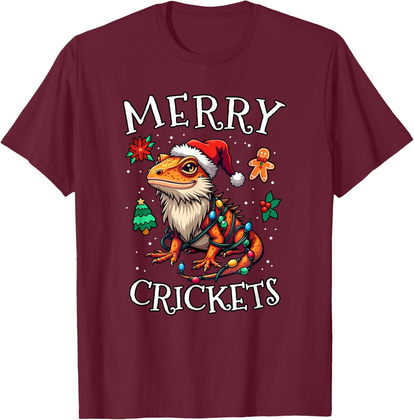 Bearded Dragon Christmas Lights Merry Crickets T-Shirt - T-Shirt | Maroon
