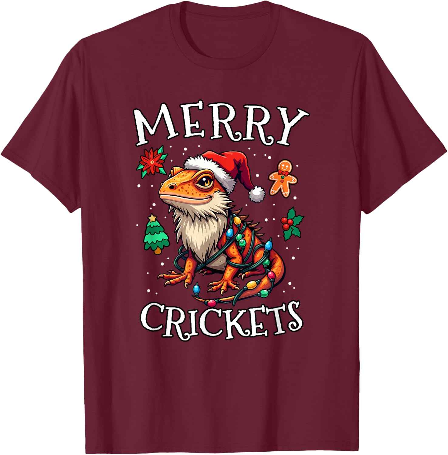 Bearded Dragon Christmas Lights Merry Crickets T-Shirt - T-Shirt | Maroon