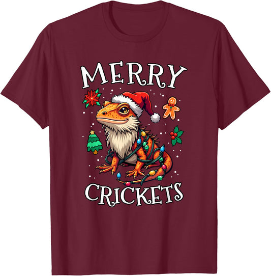 Bearded Dragon Christmas Lights Merry Crickets T-Shirt - T-Shirt | Maroon
