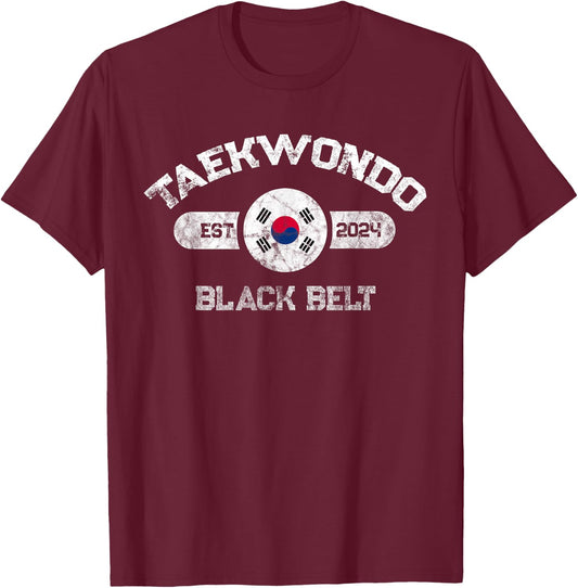 2024 Taekwondo Black Belt Achievement Korean Flag Design T-Shirt - T-Shirt | Maroon