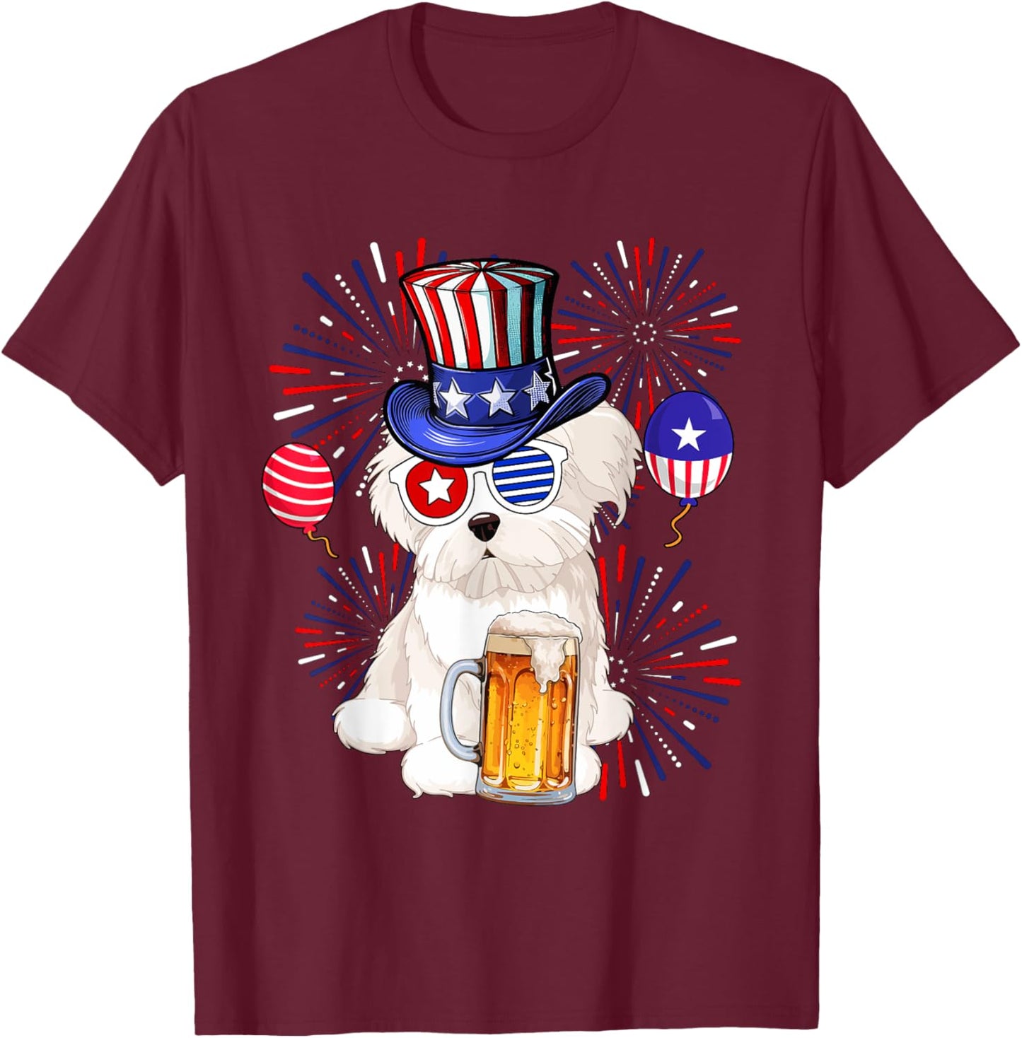 Maltese Sunglasses Drinking Beer 4th Of July Owner Lover T-Shirt - T-Shirt | Maroon