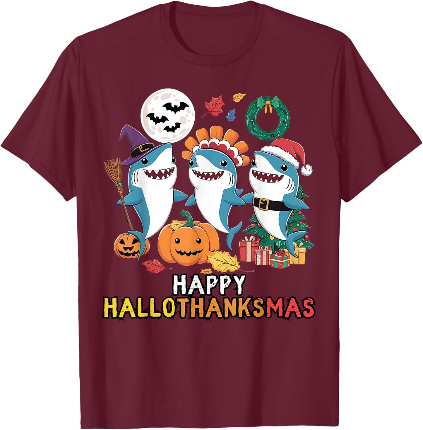 Happy Hallothanksmas Christmas Halloween, Shark Thanksgiving T-Shirt - T-Shirt | Maroon