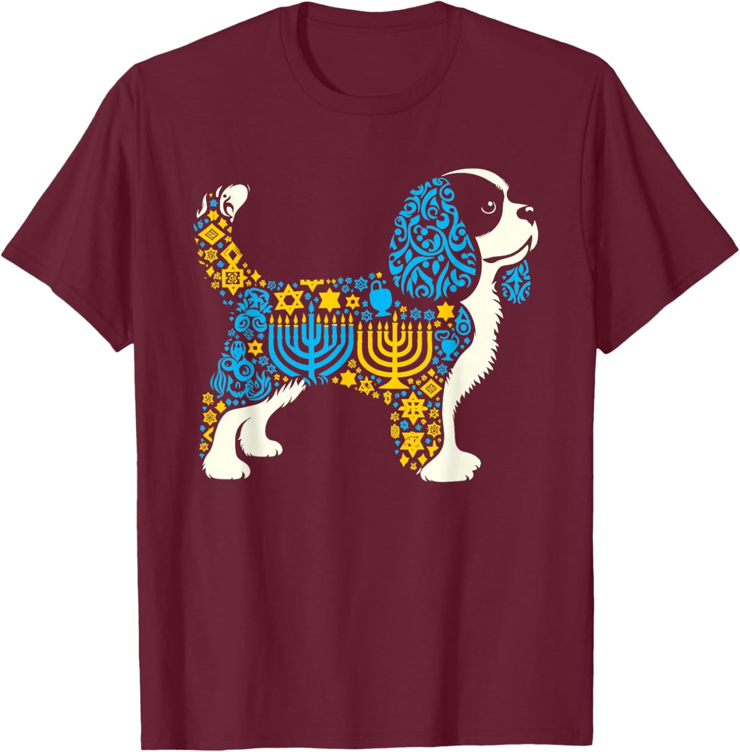 Cavalier King Charles Spaniel Menorah Jewish Hanukkah T-Shirt - T-Shirt | Maroon