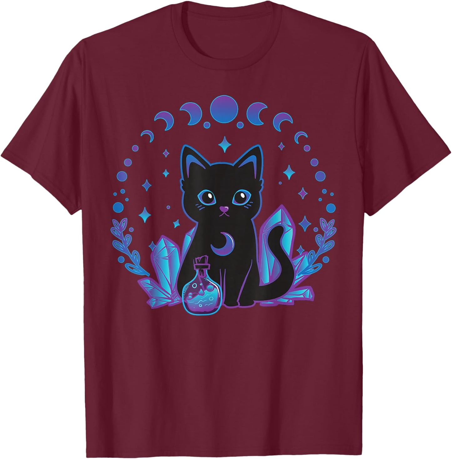 Black Witchy Cat Crystals Gothic Women Kawaii Pastel Goth T-Shirt - T-Shirt | Maroon