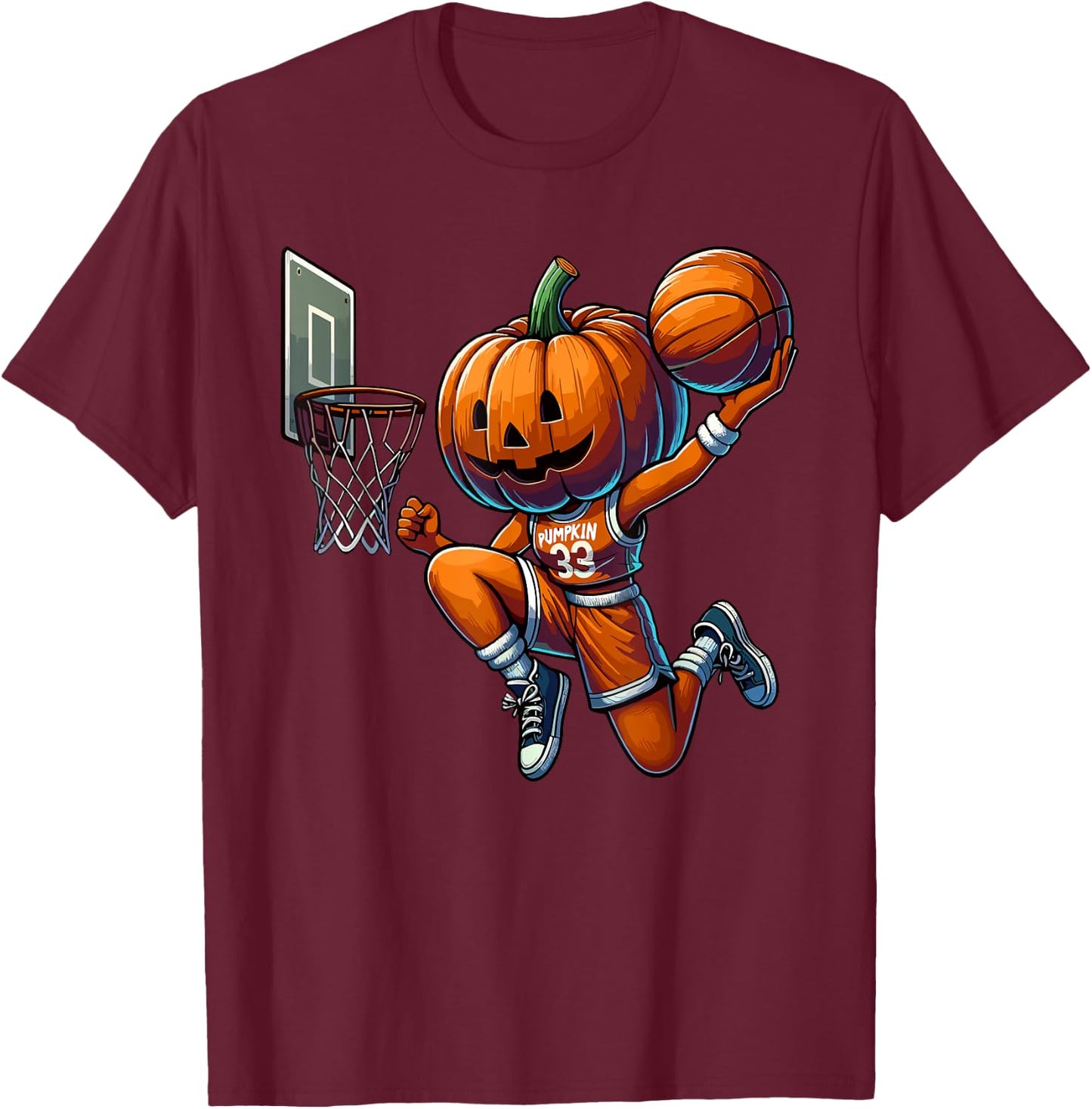 Pumpkin Playing Basketball Dunk Halloween Costume Sports T-Shirt - T-Shirt | Maroon