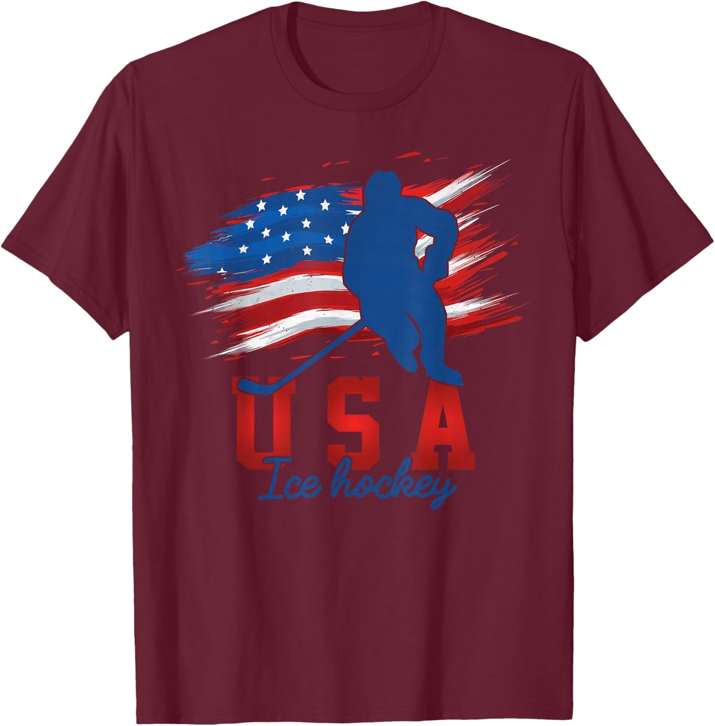 American Flag Ice Hockey 4th of July USA Support Team T-Shirt - T-Shirt | Maroon