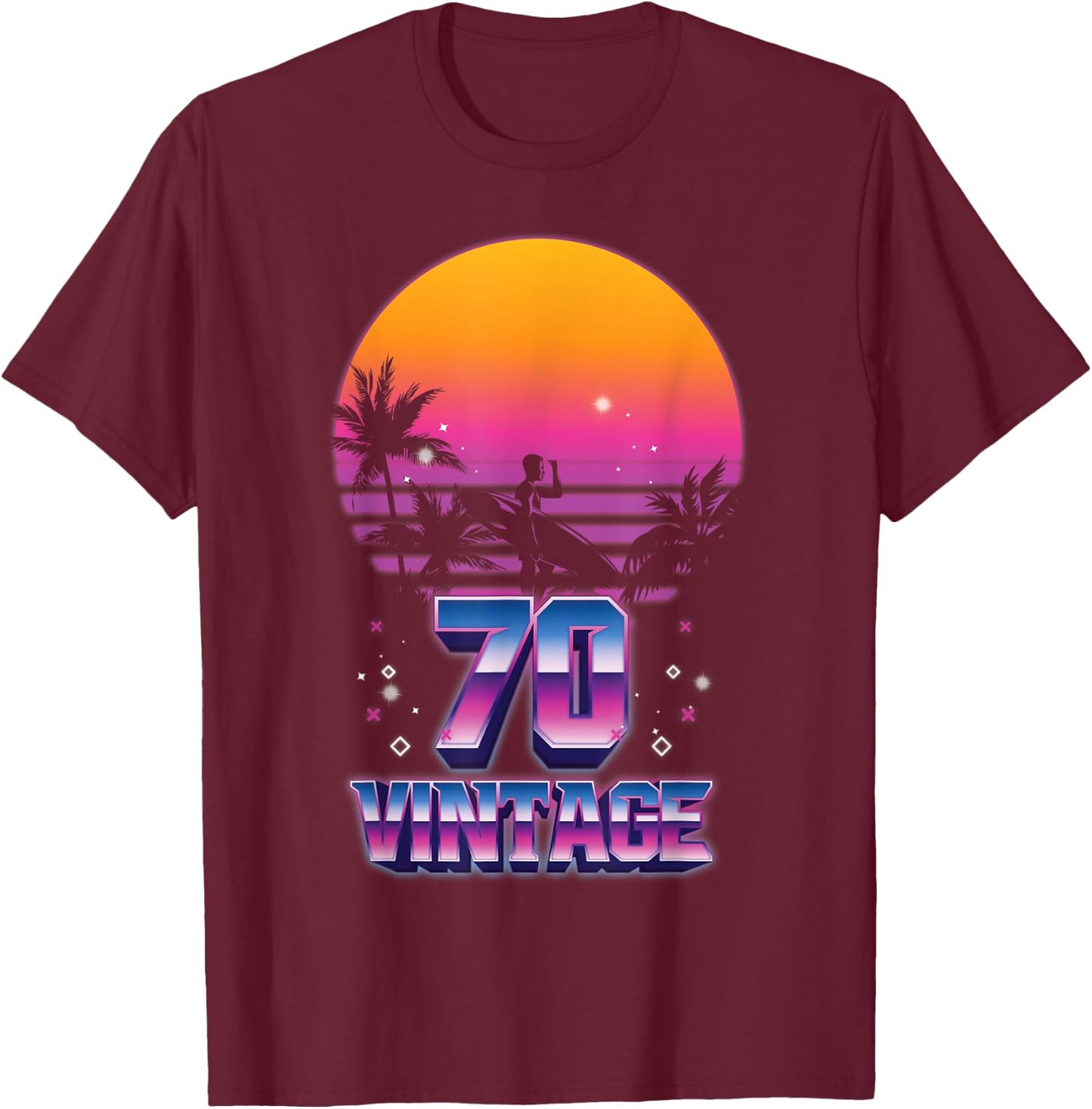 Surfing 1970 Pacific Ocean Sunset 70th Birthday 70 years old T-Shirt - T-Shirt | Maroon