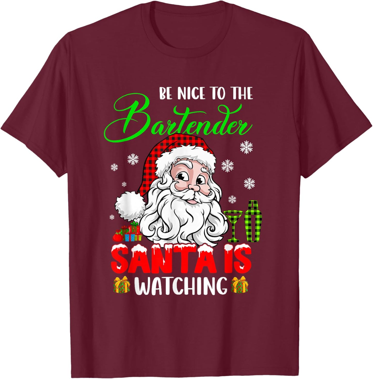 Be Nice To The Bartender Santa Is Watching Xmas Santa Face T-Shirt - T-Shirt | Maroon