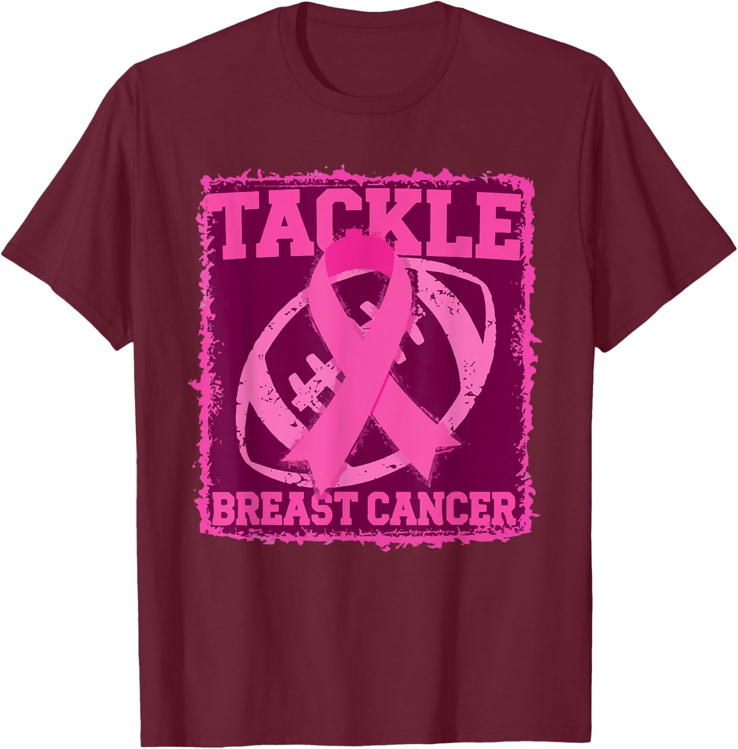 Tackle Breast Cancer Pink Ribbon American Fantasy Football T-Shirt - T-Shirt | Maroon