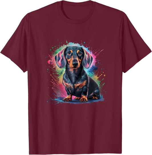 Men's Women's Colourful Watercolour Dachshund T-Shirt - T-Shirt | Maroon