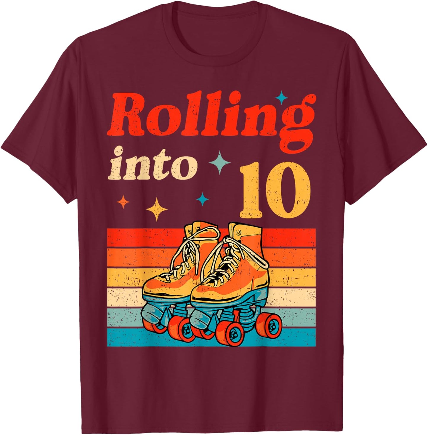 Rolling Into 10 Years Old Retro Roller Skater 10th Birthday T-Shirt - T-Shirt | Maroon