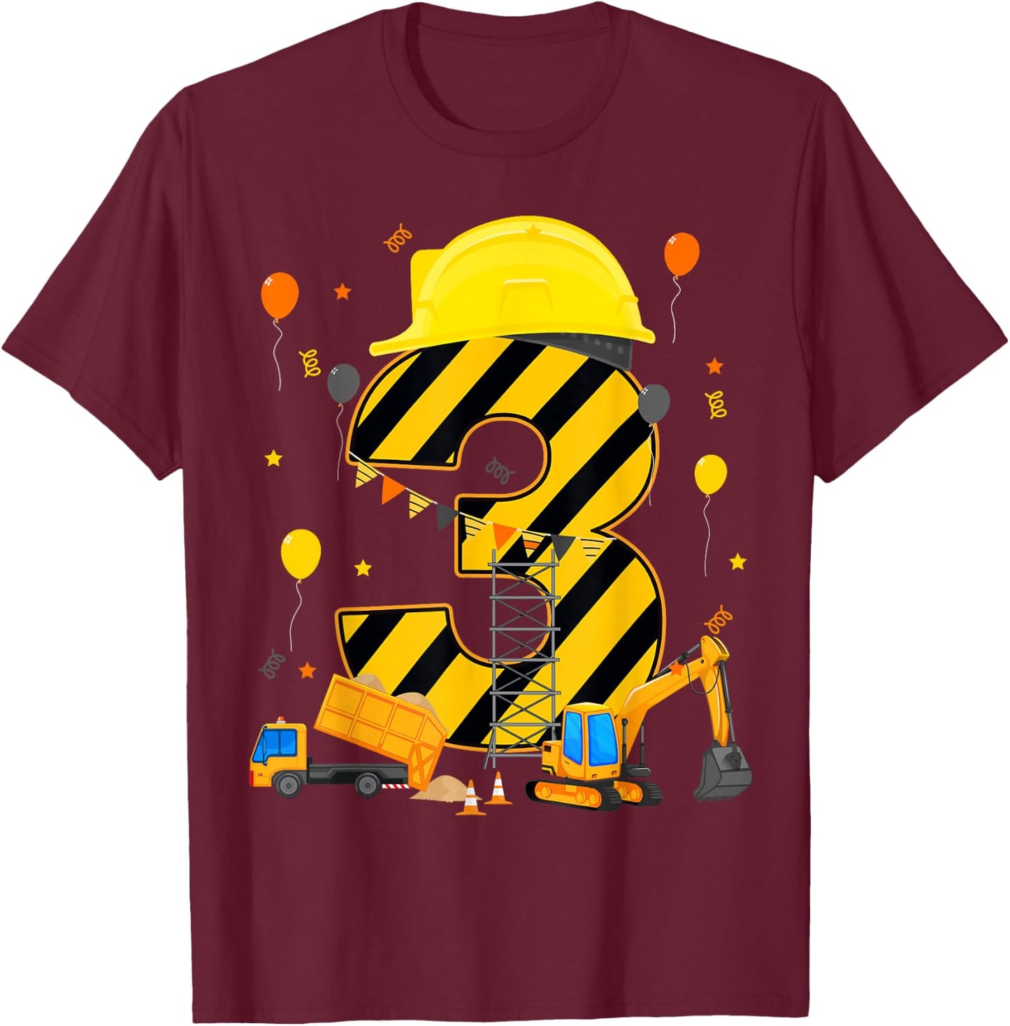 Three 3yr 3rd Birthday Construction Vehicles 3 Year Old T-Shirt - T-Shirt | Maroon