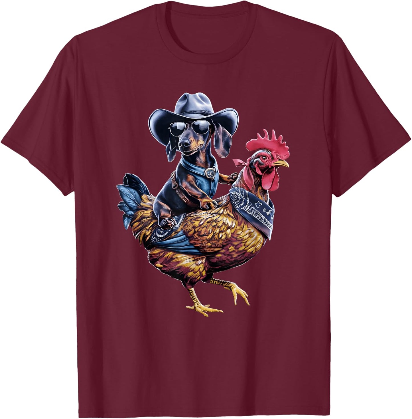 Dachshund Wiener cowboy riding a Chicken for dog lovers T-Shirt - T-Shirt | Maroon
