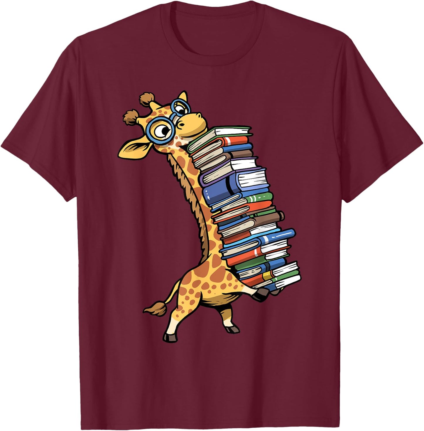 Teacher Shirt Giraffe Holding Books Funny Bookworm Librarian T-Shirt - T-Shirt | Maroon