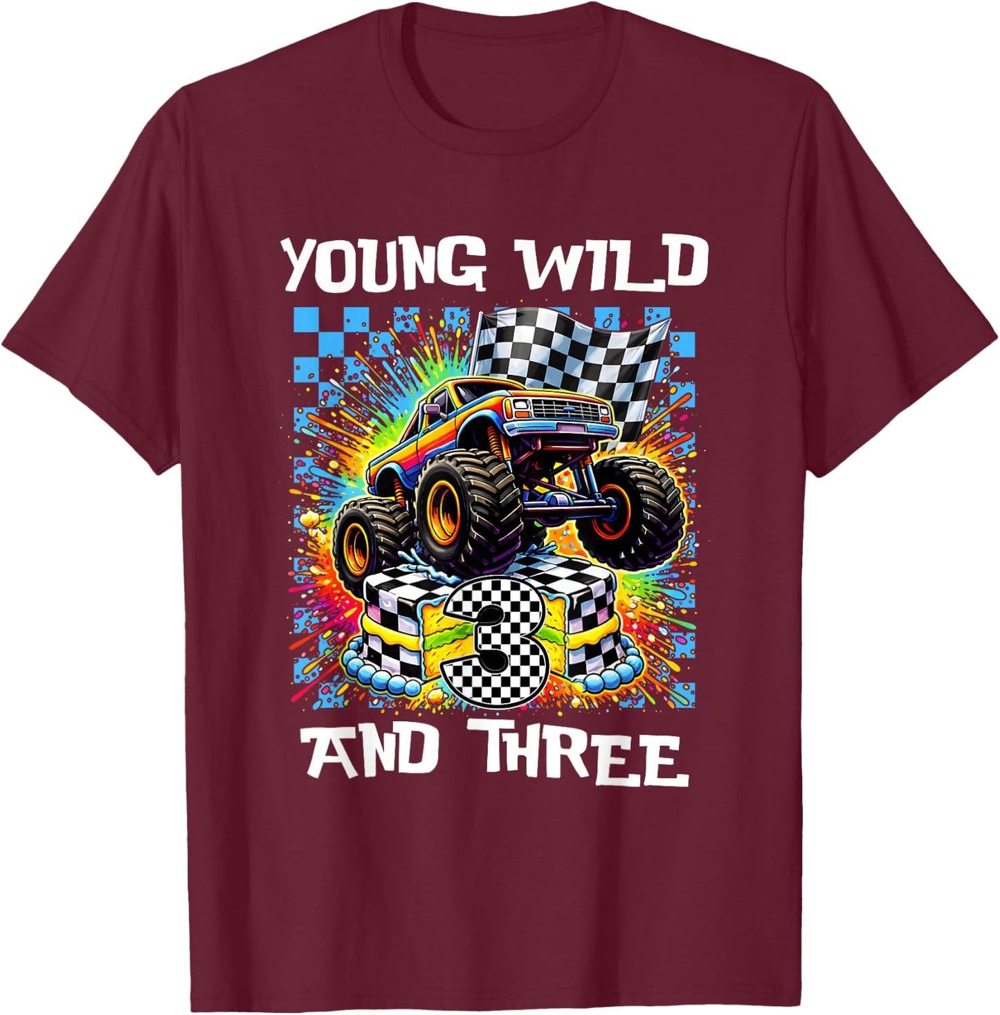 Boy Kids 3rd Birthday Monster Truck Young Wild and Three T-Shirt - T-Shirt | Maroon