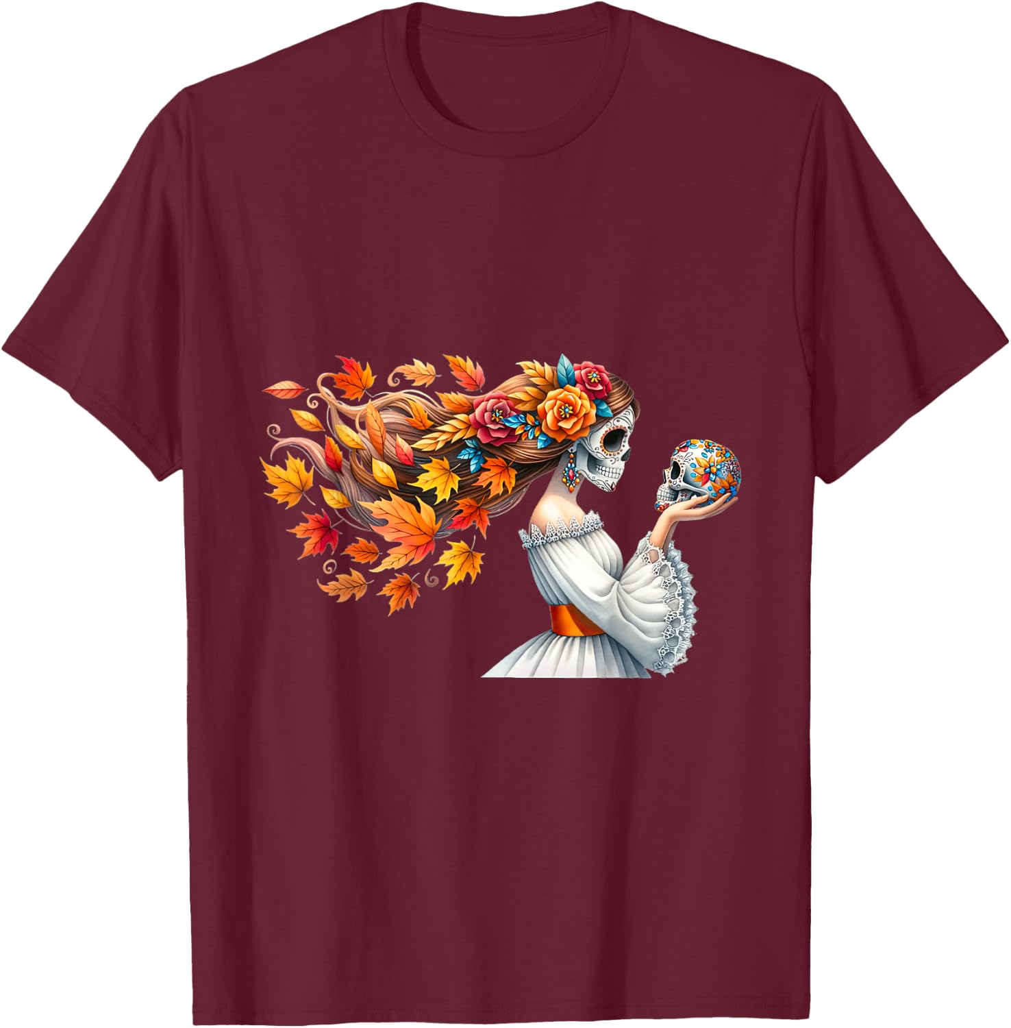 Dia De Los Muertos Catrina Flower Sugar Skull Mexican Women T-Shirt - T-Shirt | Maroon