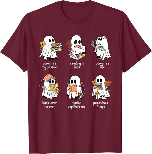 Halloween Books Are My Passion Ghost Reader Spooky Season T-Shirt - T-Shirt | Maroon