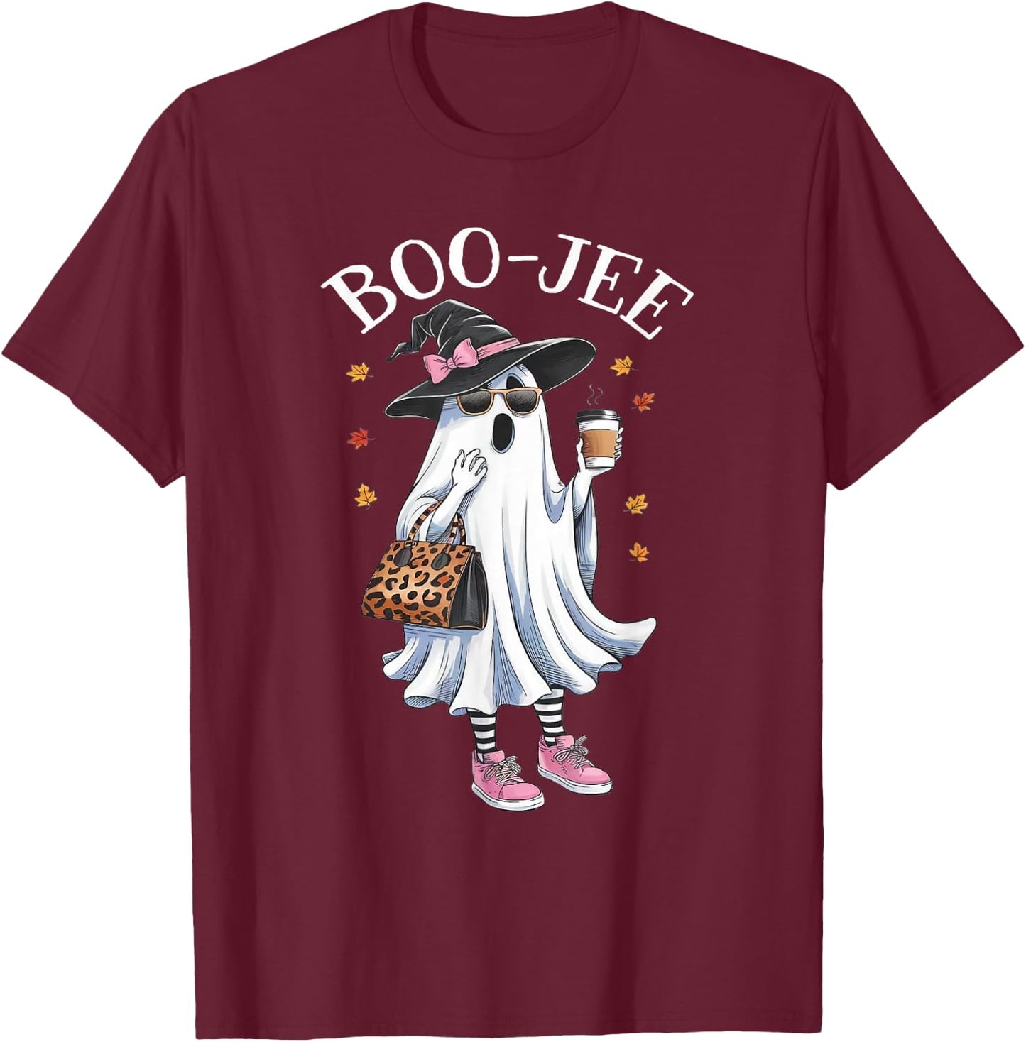 Cute Boo Jee Ghost Halloween Leopard Coffee T-Shirt - T-Shirt | Maroon
