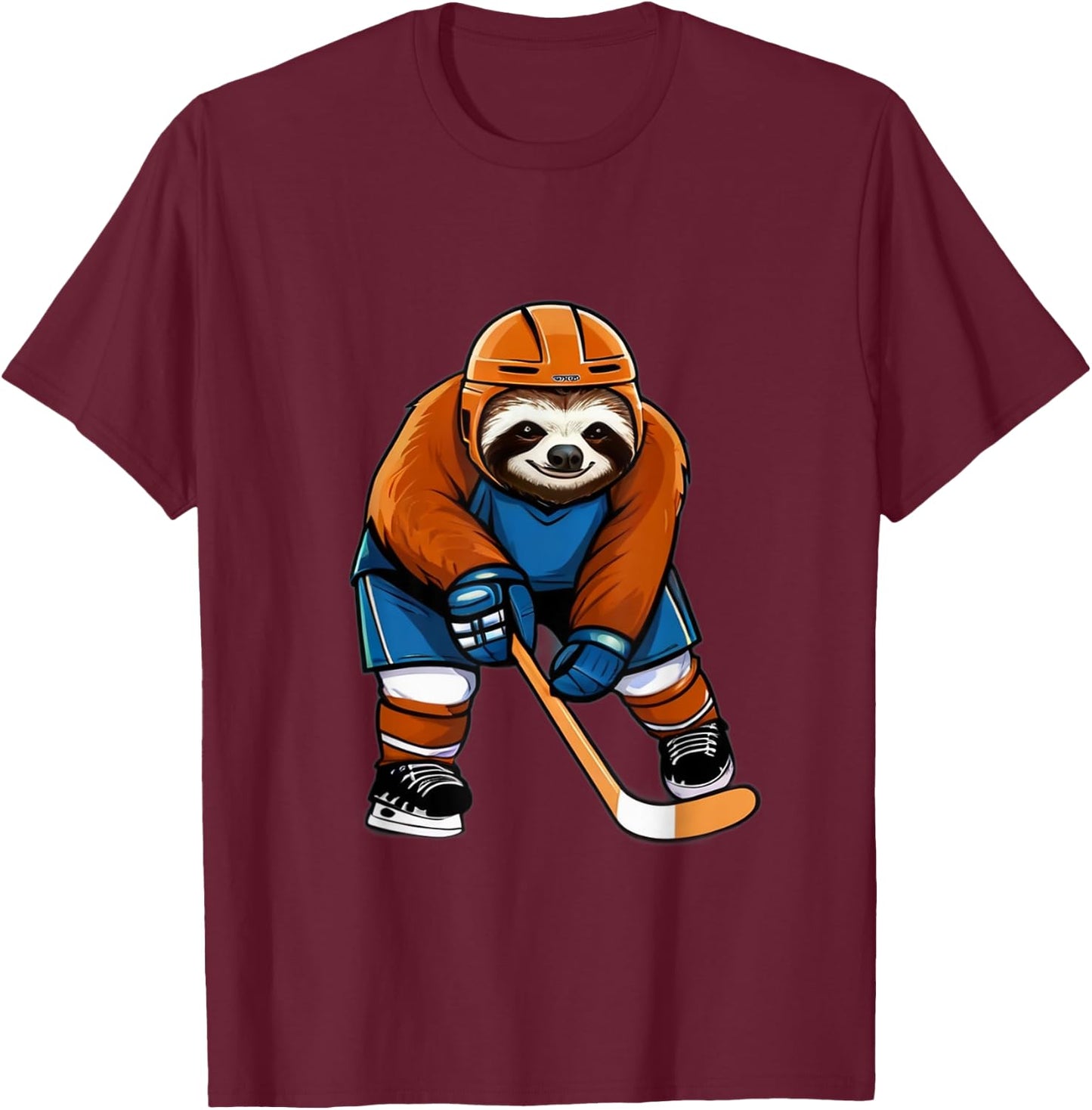 Sloth Playing Hockey Funny Sloth Hockey Player With Stick T-Shirt - T-Shirt | Maroon