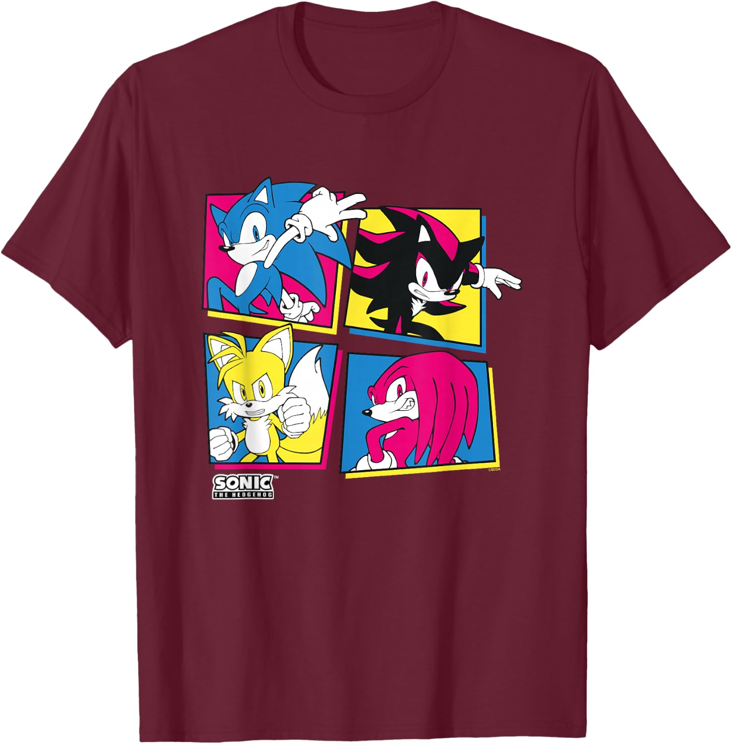 Sonic The Hedgehog Sonic Shadow Tails Knuckles Retro Panels T-Shirt - T-Shirt | Maroon