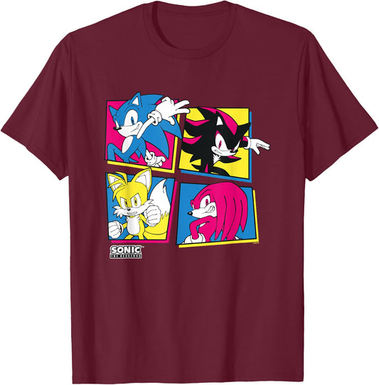 Sonic The Hedgehog Sonic Shadow Tails Knuckles Retro Panels T-Shirt - T-Shirt | Maroon