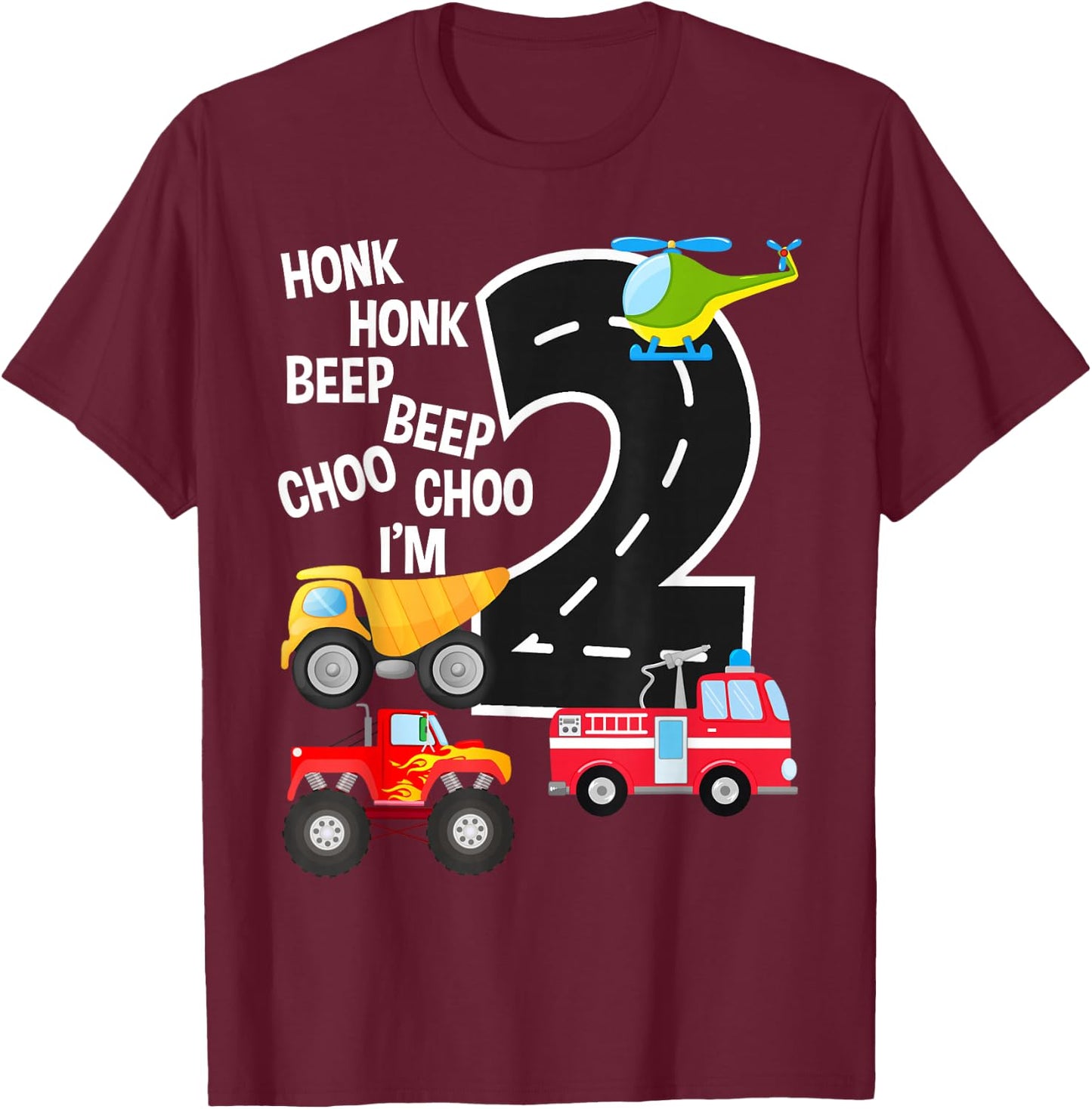 Kids Trucks 2nd Birthday Party Toddler I'm 2 Year Old Bday T-Shirt - T-Shirt | Maroon
