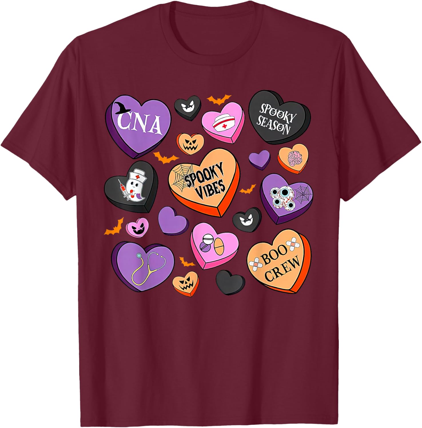 Halloween CNA Nurse Hearts Candy Certified Nursing Assistant T-Shirt - T-Shirt | Maroon