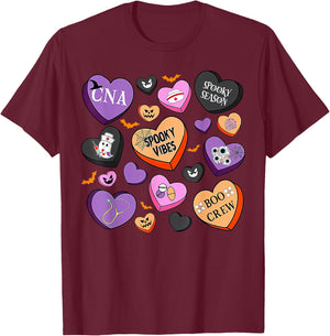 Halloween CNA Nurse Hearts Candy Certified Nursing Assistant T-Shirt - T-Shirt | Maroon