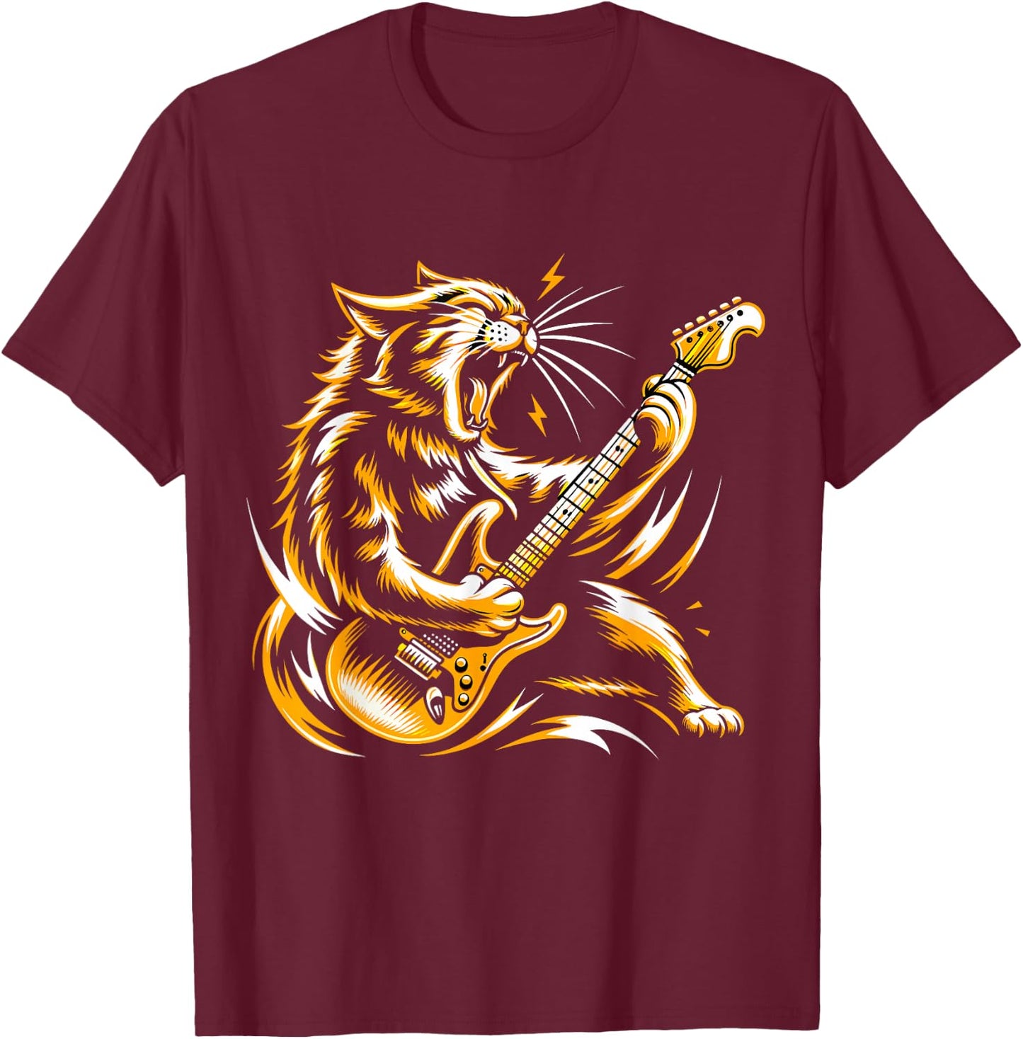 Rock and Roll Cat Electric Guitar T-Shirt - T-Shirt | Maroon