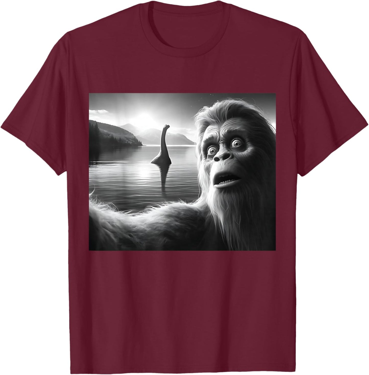 Funny Surprised Squatch Selfie with Loch Ness Monster Nessie T-Shirt - T-Shirt | Maroon