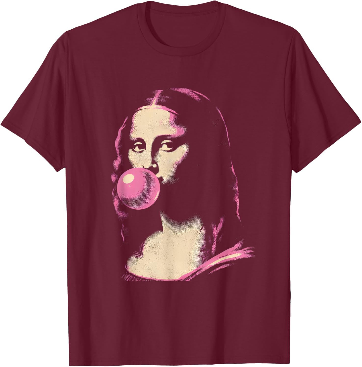 Mona-Lisa Blowing Bubble Gum - Funny Vintage Graphic Gum T-Shirt - T-Shirt | Maroon