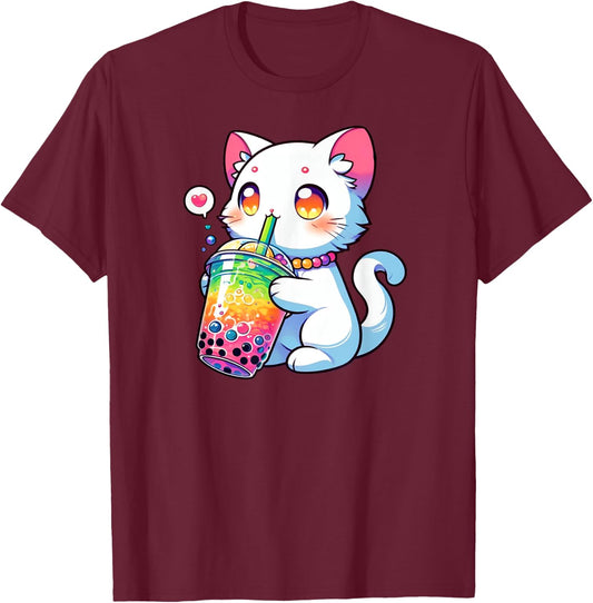 Cute Cat Boba Bubble Tea Rainbow Anime Kawaii Neko Fun T-Shirt - T-Shirt | Maroon