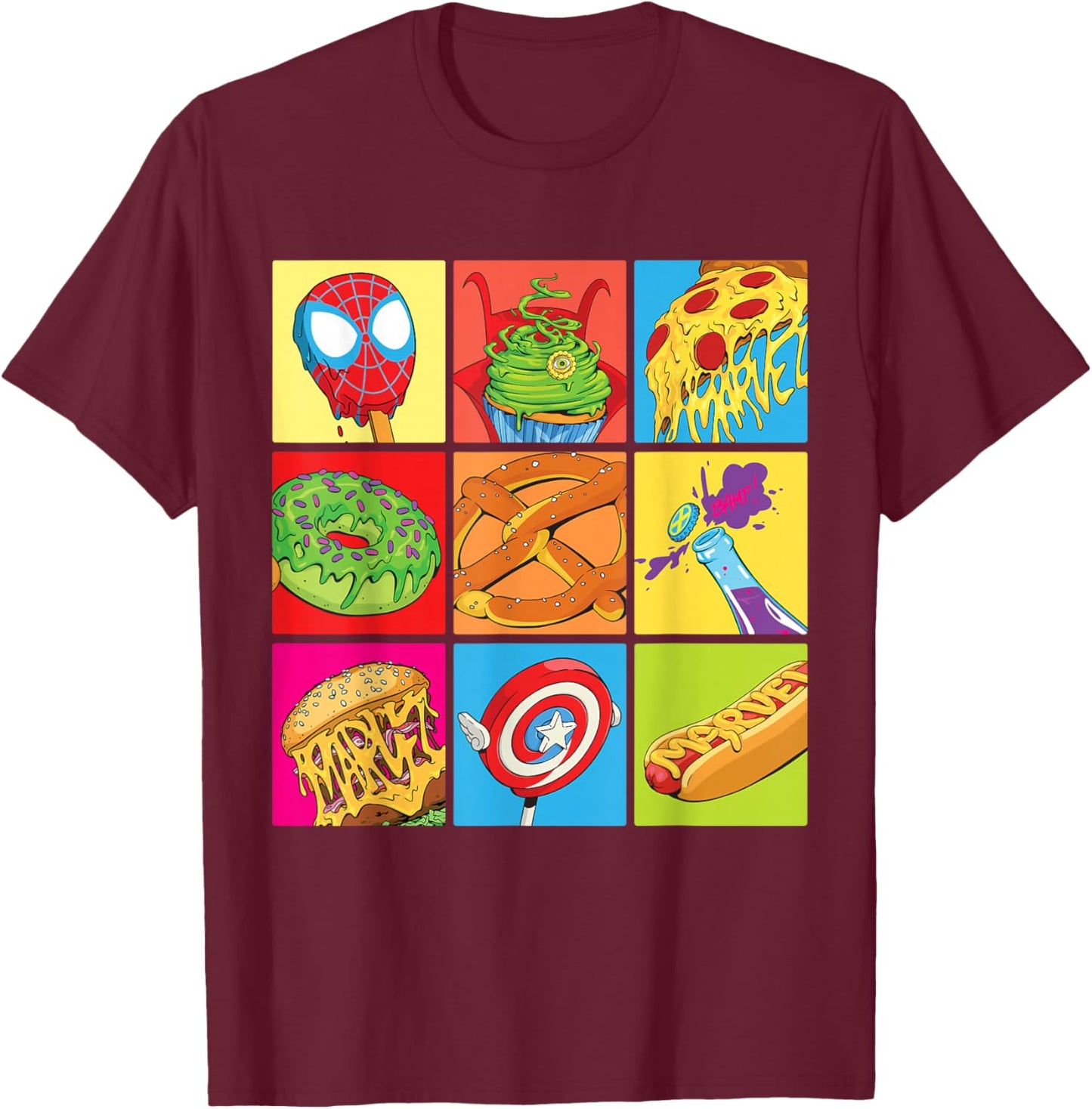 Marvel Spider-Man X-Men Captain America Funny Snack Foods T-Shirt - T-Shirt | Maroon