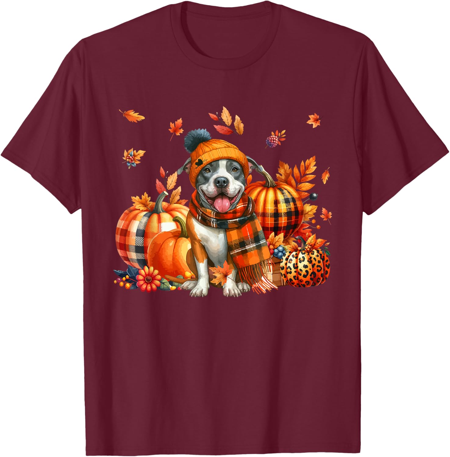 Pit Bull Thanksgiving Leopard Pumpkins Fall Leaves Lover T-Shirt - T-Shirt | Maroon