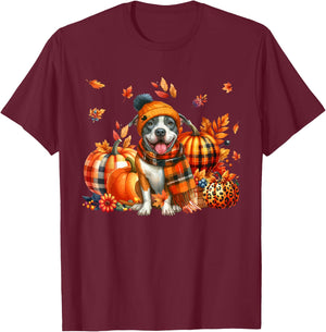 Pit Bull Thanksgiving Leopard Pumpkins Fall Leaves Lover T-Shirt - T-Shirt | Maroon