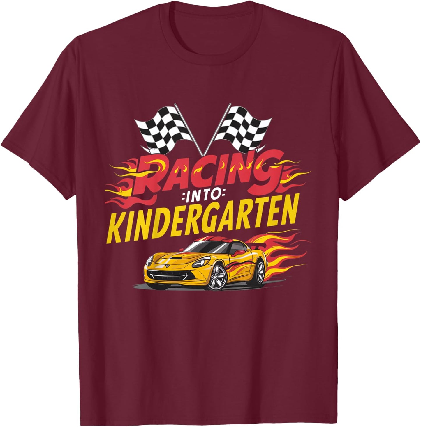 Kids Hello First Day of Kindergarten Racing Car Back to School T-Shirt - T-Shirt | Maroon